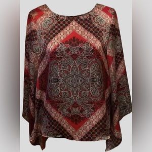 🍎Ellen Tracy Silky Boho Paisley Round Neck Pullover Hankerchief Bell Sleeves